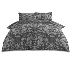 Ananias Damask 4 Piece Complete Duvet Cover Set. This elegantly designed set features a beautiful paisley pattern in a sophisticated charcoal and grey color scheme, adding a touch of timeless elegance to any bedroom decor