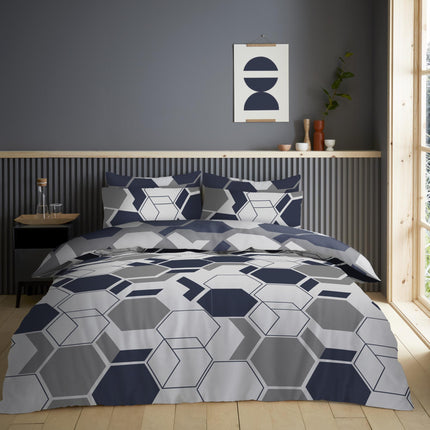 The ASTER GEO duvet cover set adds a sophisticated touch to any bedroom. Featuring a navy and grey&nbsp;hexagonal pattern, it offers a contemporary look. Crafted from a high quality microfiber material, it's soft to the touch and long lasting. Perfect for adding a modern flair to your decor.