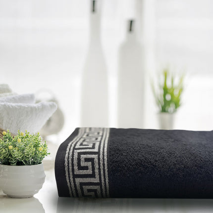 These EMB GREEK BATH SHEETS are crafted from easy care material and are machine washable, making them quick and convenient to look after. The black color offers a timeless classic look for your bathroom décor.