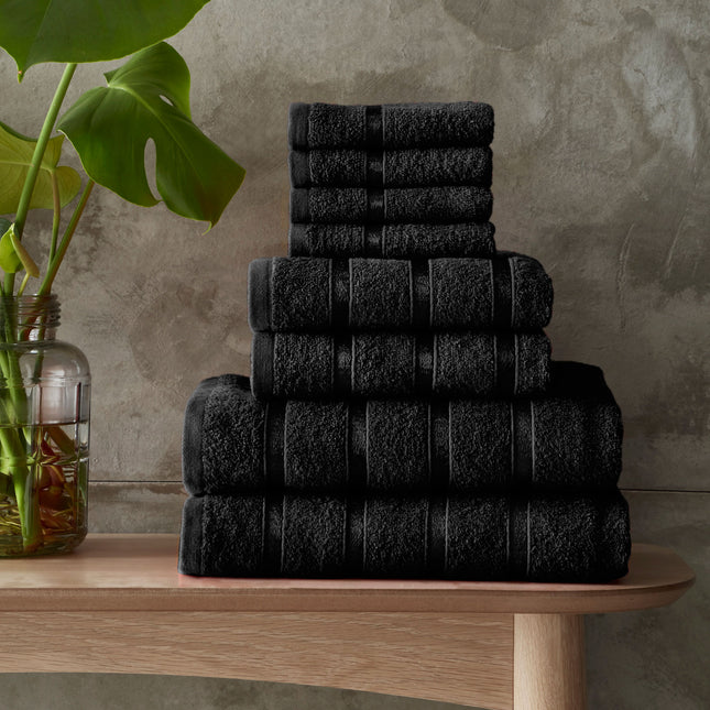 Our BOSTON TOWEL BALE SET is crafted from soft and durable Microfiber fabric, making it highly absorbent and machine-washable. With a classic black hue and contemporary styling, it is perfect for any style décor and is sure to add long-term value to your bathroom. They can be easily dried on low heat in a tumble dryer so you can keep them looking and smelling fresh.