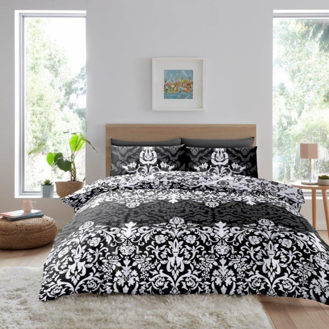 The CASABLANCA DAMASK Duvet Cover Set offers sophisticated style and luxurious comfort. Crafted from 70% polyester and 30% cotton, this duvet cover set features a classic black damask print. Soft to the touch yet highly durable, this duvet set is perfect for any bedroom.