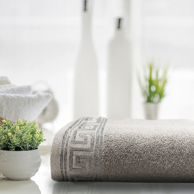 These EMB GREEK BATH SHEETS are made with easy care materials, convenient for machine-washing and long-lasting. The superior quality fabric is gray in color and provides a luxurious feel. Perfect for the modern home.