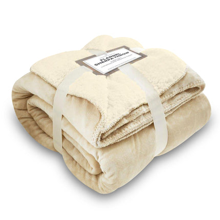 This high-quality FLANNEL SHERPA THROW AB is designed to keep you warm and comfortable. The thick and cosy fabric is perfect for adding extra layers on your bed or couch. Its soft, cream-colored flannel provides a decorative accent to any room while giving you a snuggly companion for movie nights.