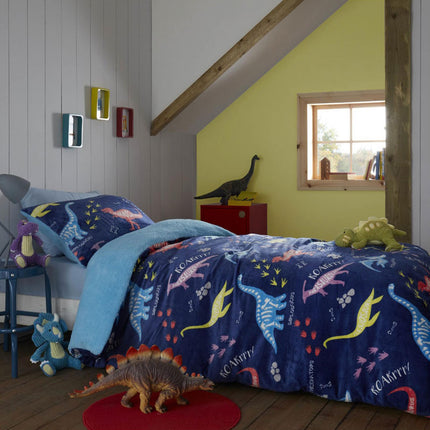 DINOSAUR ROAR Kids Teddy Duvet Cover Set is the perfect addition to your little one's bedroom. Featuring a blue colored teddy design, it's made from a soft and durable polyester for comfort and longevity. With stylish and practical features, it offers a cozy night’s sleep.