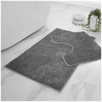 SHINY BATH MAT SET is perfect for a luxurious bathroom experience. This set of two ultra-plush mats has large surface area to prevent slipping. The dark grey color has a sparkling shine that adds elegance to your bathroom décor. The mats are made with a water-absorbent material and anti-slip bottom for safety. Machine washable at 30°C, SHINY BATH MAT SET is a perfect addition to your bathroom.