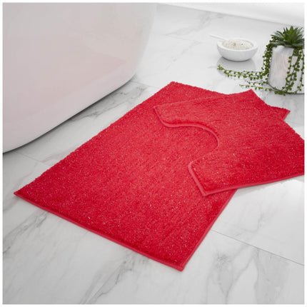 This SHINY BATH MAT SET features anti-slip backing, ultra-plush velvet fabric, large size, and water absorbency. The machine-washable material will remain sparkling even after 30°C washes. The deep red color gives your home a chic, vibrant look.