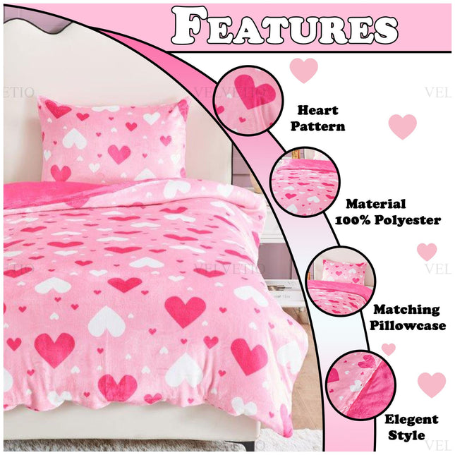 Kids Teddy Ditsy Hearts Bedding Single Size Pink Features