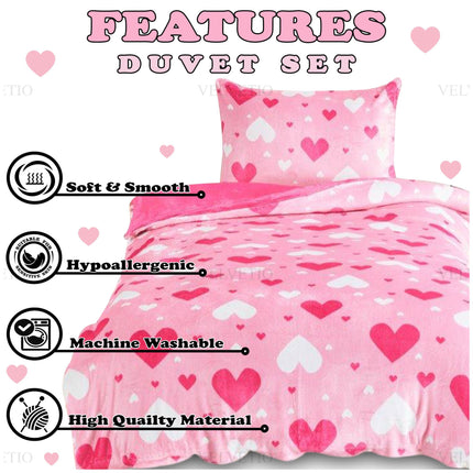 Kids Teddy Ditsy Hearts Duvet Cover Set Single Size Pink Features