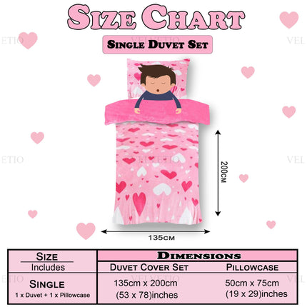 Kids Teddy Ditsy Hearts Bedding Single Size Pink Size Chart