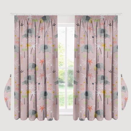 ELEPHANT FRIENDS Kids Curtains offer a stylish blush pink color, perfect for adding a soft and inviting touch to any child's room. Durable and machine washable, this polycotton curtain set creates an easy and effortless way to spruce up any bedroom.