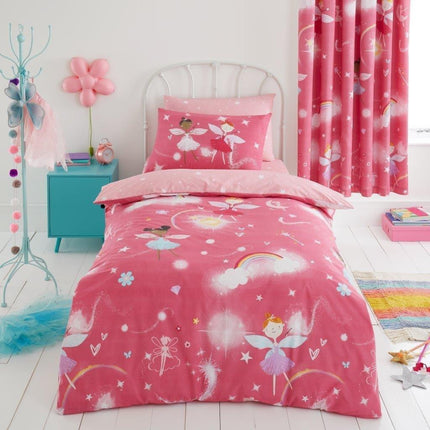 Fairy Buddies Kids Duvet Cover Set is made of polycotton, providing comfort and durability for children's room design. It is high quality and comes with a timeless pink color, perfect for creating a cozy atmosphere.