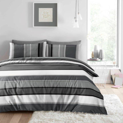 FRANCIS STRIPE Duvet Cover Set in Grey is a luxurious bedding set designed to bring style and comfort to your sleeping space. Crafted from a premium polyester and cotton blend for a soft finish, this set features a timeless striped print that is sure to liven up any bedroom. Ideal for a timeless look and feel.