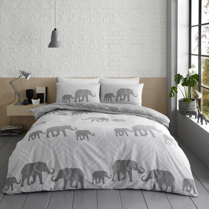 GEO ELEPHANT Duvet Cover Set provides a contemporary look with a unique geometric elephant pattern. Constructed of a smooth polyester cotton blend, the set is lightweight and breathable for a luxurious night's sleep. Charcoal/Grey shades create a stylish, timeless look.