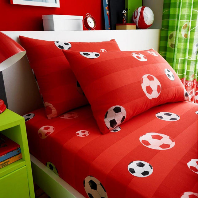 GOAL Kids Fitted Bed Sheet Red Color is crafted from durable, breathable fabric to provide a soft, comfortable sleep surface. With elastic edging for a perfect fit, this sheet ensures your child gets the restful sleep they need.