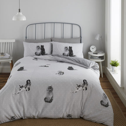 KITTY CATS Duvet Cover Set is a perfect addition to your bedroom decor. Grey colored and an intricate design, this set is crafted from polycotton microfiber for softer, more breathable comfort. The highly fade resistant material ensures your cover set will remain vibrant and luxurious for many years.