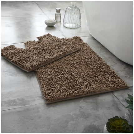 LOOP BATH MAT SET is a thick, two-piece set perfect for your bathroom. Made of water absorbent, machine washable microfiber and a non-slip PVC backing, this mat set is designed for maximum comfort and safety. Memory foam technology ensures a soft and cushiony feel underfoot, while its grey latte color adds a touch of style.