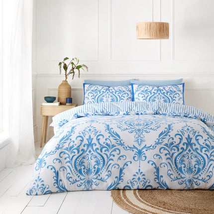 Hypoallergenic option with a breathable front side and elegant damask pattern. Perfect for those with sensitive skin, providing style and comfort you can trust with blue color.