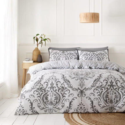 MARGAUX is the perfect hypoallergenic bedding option for those looking for a breathable and comfortable sleep experience. Its printed front side features a luxurious damask pattern in a modern charcoal color, providing both style and function for a restful night's sleep.