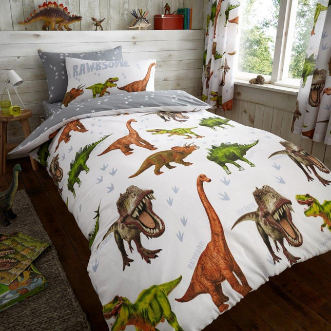 This DINOSAUR Kids Duvet Cover Set is a great way to make a statement in your kid's bedroom. It features a bold and vibrant pattern across the multi-colored fabric to bring a touch of excitement to any decor. The fabric is soft and comfortable for a cozy night's sleep.