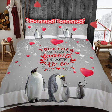 The PENGUIN LOVE BALOONS Duvet Cover Set brings a playful and whimsical touch to your bedroom decor. Made from high quality polyester and cotton, this duvet cover set is soft to the touch, durable, and easy to maintain. The grey and red color palette adds a classic touch and ensures a cohesive look in any bedroom.