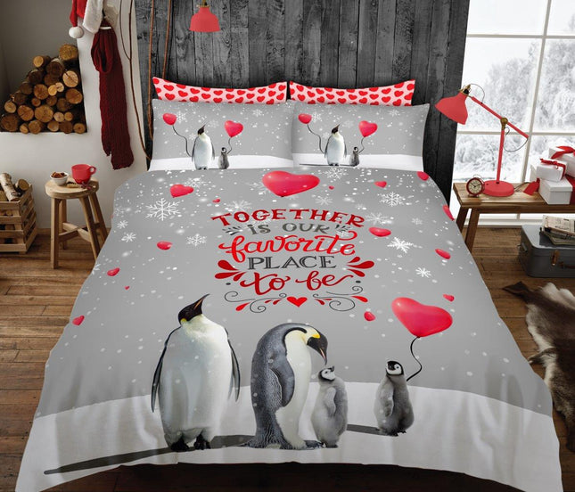 The PENGUIN LOVE BALOONS Duvet Cover Set brings a playful and whimsical touch to your bedroom decor. Made from high quality polyester and cotton, this duvet cover set is soft to the touch, durable, and easy to maintain. The grey and red color palette adds a classic touch and ensures a cohesive look in any bedroom.