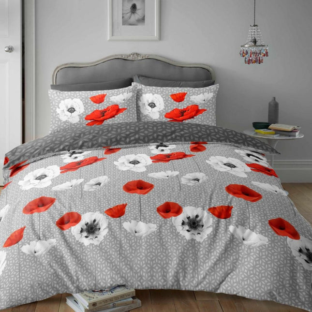 The POPPY SPRAY Duvet Cover Set adds a classic yet modern touch to any bedroom. The soft grey and red colors create an inviting atmosphere, while the polycotton fabric provides superior comfort and breathability. Upgrade your sleep space with this timeless design.