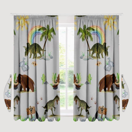 PREHISTORIC DINO kids curtains bring a whimsical touch to any bedroom. Its classic grey color will create a tranquil environment perfect for restful sleep. These curtains are made of polycotton, ensuring durability and easy maintenance.