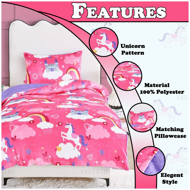 Kids Teddy Princess Unicorn Bedding in a soft and dreamy pink color. This bedding set features a magical unicorn design, combined with the cozy, plush texture of teddy fabric, making it the perfect addition to any young princess's room. With its playful yet elegant design, it offers comfort and style for a peaceful night's sleep.