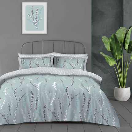 The FLORA WILLOW Duvet Cover Set includes a beautiful, duck egg colored duvet cover that is crafted from high quality polyester and cotton for a luxurious feel. Its intricate stitching pattern ensures durability and longevity, making it a perfect choice for a comfortable night's sleep.