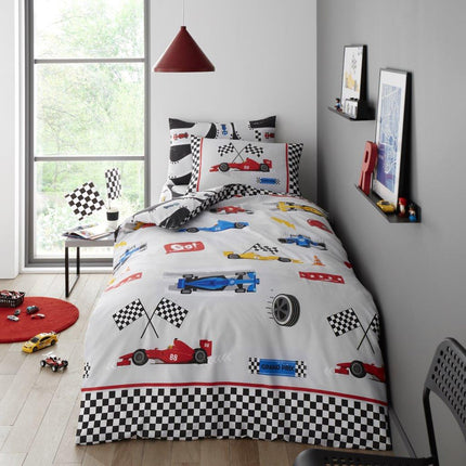 Enhance any bedroom décor with this playful Racing Cars Kids Duvet Cover Set. Crafted from durable and soft material, it features a fun racing design in grey for a stylish look. Perfect for any little one's room.