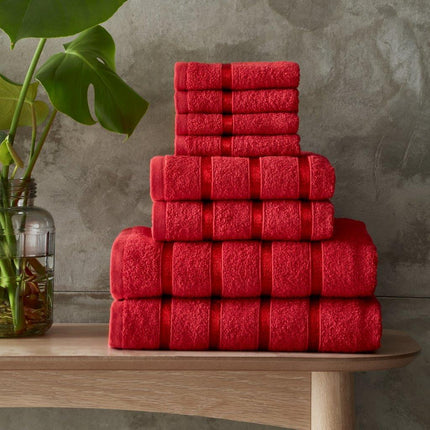 A luxurious and contemporary Boston Towel Bale Set of high quality material, perfect for any bathroom setting. Features a soft and durable fabric that is machine washable and highly absorbent. Tumble dry for convenient usage. Enjoy the timeless beauty and class of red color.