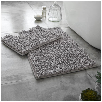 This LOOP BATH MAT SET is the perfect addition to any bathroom. Its machine washable at 30°C, water absorbent, and anti-slip backing is made from non-slip PVC for sure footing. The thick, grey design and memory foam construction provides ultimate comfort and durability. Complete with a silver color, this large mat set is sure to make your bathing experience more enjoyable.