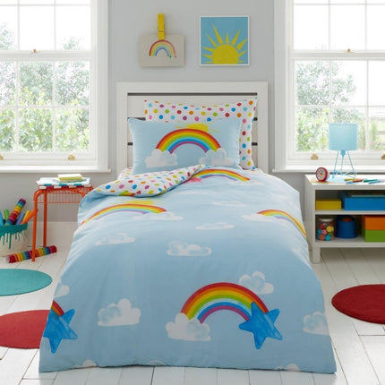 This beautiful SUNNY RAINBOW duvet cover set is designed for kids. It features a lovely multi-colored pattern on soft, high quality fabric. Enjoy cozy, comfortable sleep with this stylish, vibrant addition to any kid's bedroom.