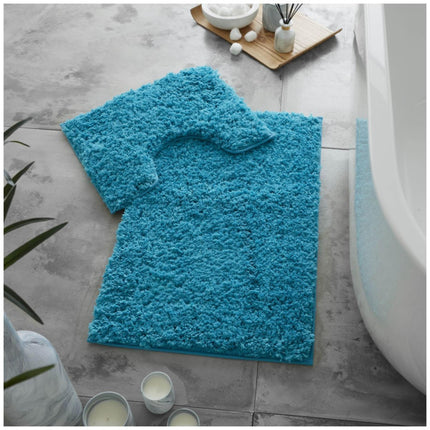 Add a unique touch to your bathroom with the ZERO TWIST Shaggy Bath Mat Set. The set comes in an eye-catching turquoise color and features a plush shaggy construction that's both ultra-soft and highly absorbent. Perfect for keeping your floors dry and comfy after a shower.