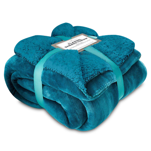 This FLANNEL SHERPA THROW is the perfect addition to any home. Soft and cosy, you can use it as a decorative layer on your bed or couch, or even as a snuggly companion for movie nights. Its teal color adds a touch of warmth and elegance to any room.