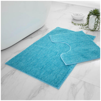 This SHINY BATH MAT SET offers ultra plush comfort with its large and water absorbent qualities. The teal-colored set sparkles and shines with its machine washable capabilities and anti-slip backing. Enjoy a luxurious bath experience with this shiny bath mat set.