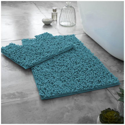 Stay safe in the bathroom with our LOOP BATH MAT SET. This set is designed with a non-slip PVC backing and a thick memory foam for optimal comfort and absorbency. It features a teal color and machine-washable material at 30°C. Keep your family safe with this anti-slip mat set.