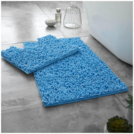 This LOOP BATH MAT SET is perfect for a luxurious bathroom. It has a non slip PVC back, a thick memory foam top layer and water absorbent properties. It is machine washable at 30°C for easy cleaning and care, and its large size and grey and turquoise color gives it a modern and stylish look. Its anti-slip construction ensures safety and comfort while using it.