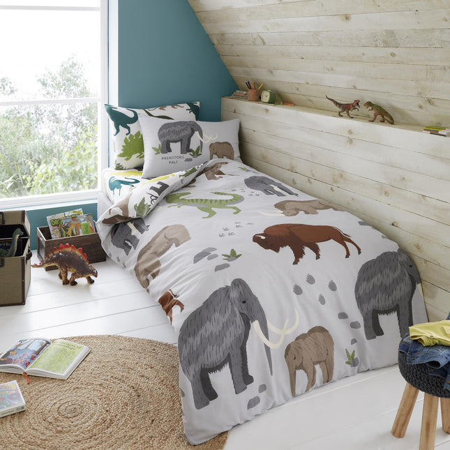 The WOOLLY MAMMOTH AND PALS duvet cover set is made from a high quality cotton and polyester blend fabric for a comfortable and breathable sleep experience. The grey color adds style and sophistication to any room. The duvet cover is soft and machine washable, making it easy to maintain.