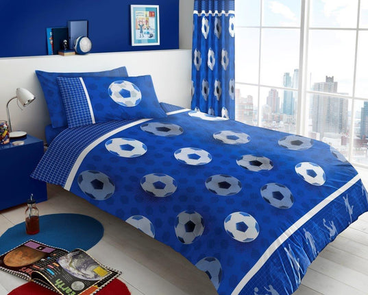 This Football Goals Kids Duvet Cover Set is perfect for any aspiring kid. This set includes a duvet cover and matching pillowcases in a bright blue color. This durable set is fade resistant for maximum comfort and long lasting style.