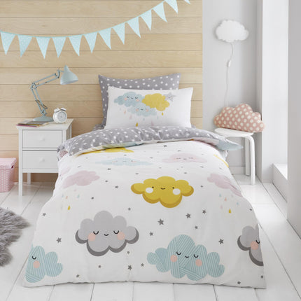 The HAPPY CLOUDS Kids Duvet Cover Set is made from 50% Polyester and 50% cotton, for a comfortable and durable sleep. The vibrant multi-colored design is perfect for kids' bedrooms, and the polyester-cotton blend is breathable and lightweight. Enjoy a better sleep with the HAPPY CLOUDS Kids Duvet Cover Set.